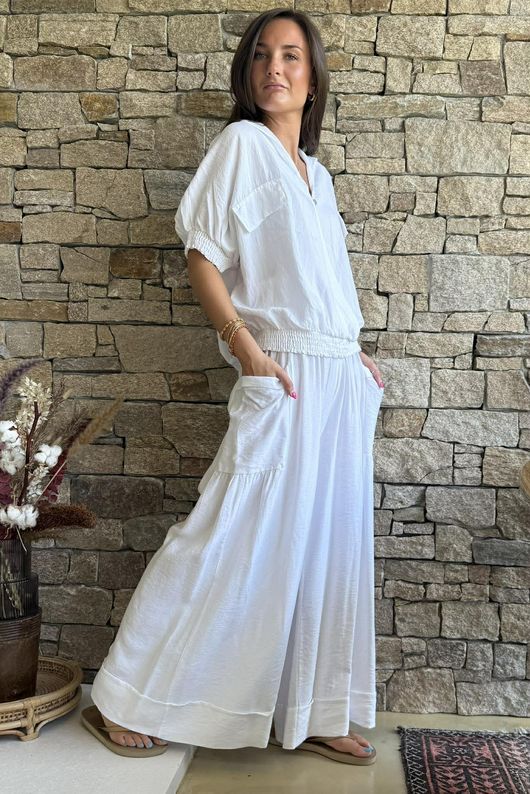 Basso Button Drape Cap Sleeve Shirt White